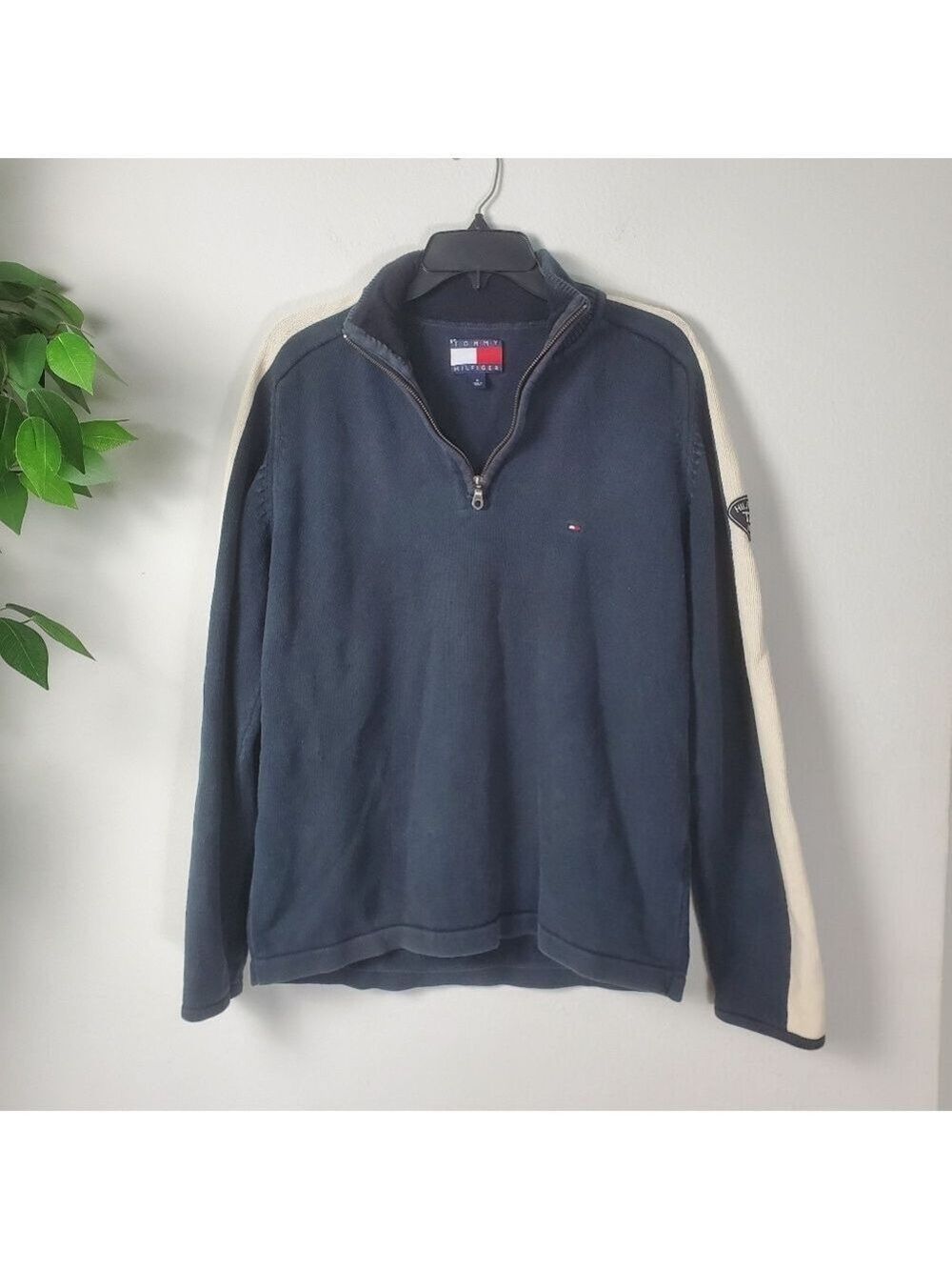 Tommy Hilfiger Mens Sweater Vintage Dark Navy Quarter Zip Size M